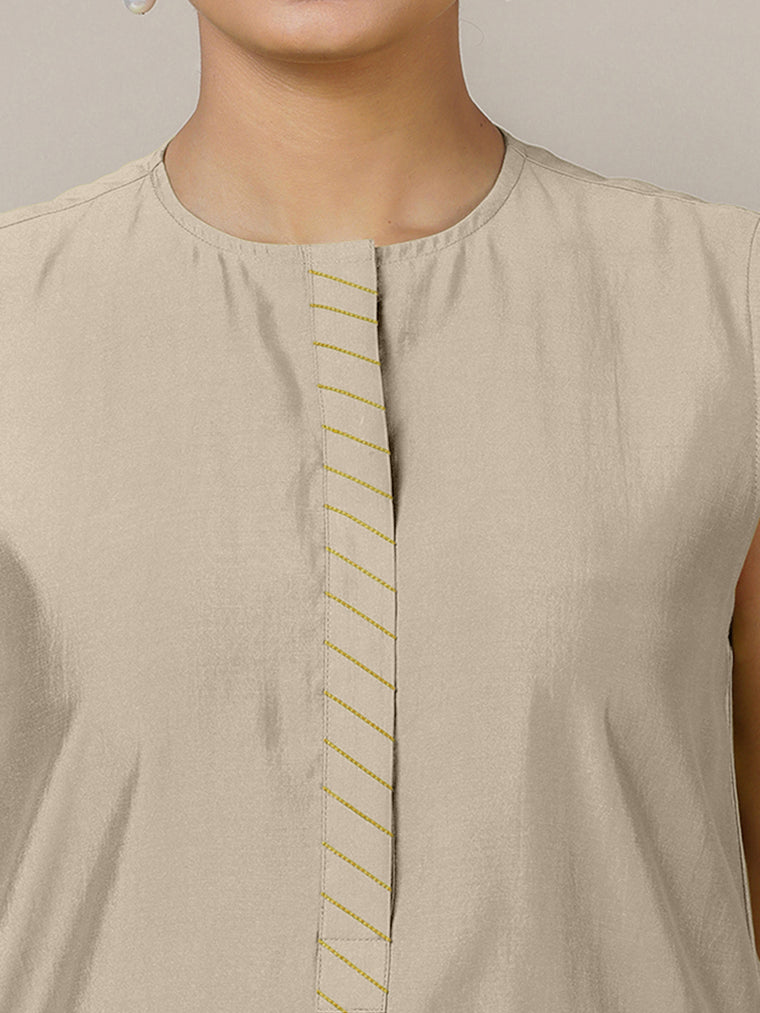 Adah x Rozaana Kurta, in Grey Viscose, featuring sleeveless and jewel neckline, made for daily & work (view 3).