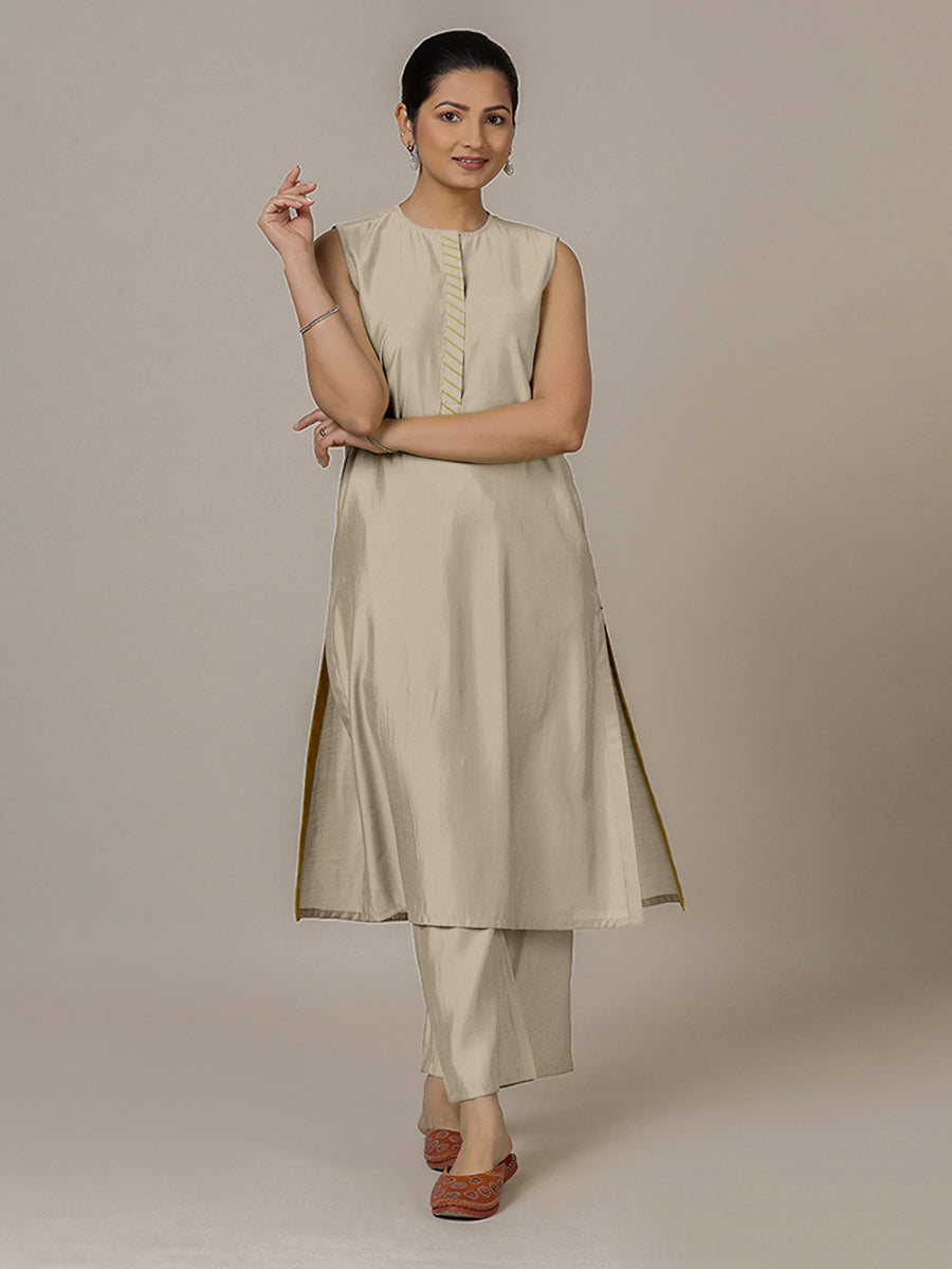 Adah x Rozaana Kurta, in Grey Viscose, featuring sleeveless and jewel neckline, made for daily & work (view 6).