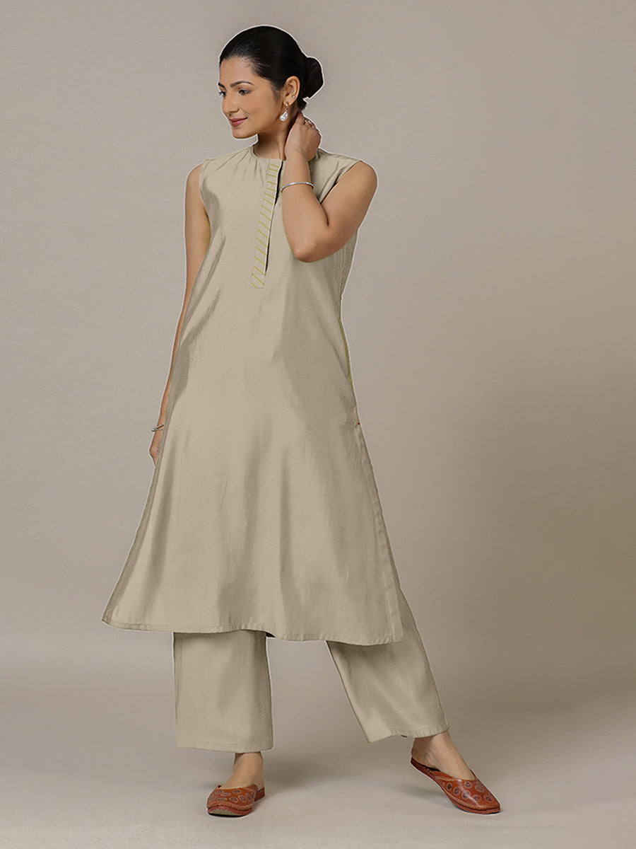Adah x Rozaana Kurta, in Grey Viscose, featuring sleeveless and jewel neckline, made for daily & work (view 7).