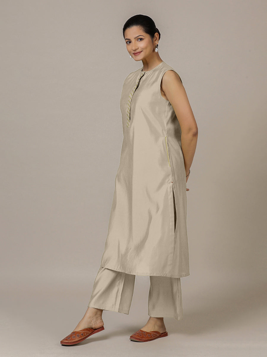 Adah x Rozaana Kurta, in Grey Viscose, featuring sleeveless and jewel neckline, made for daily & work (view 8).