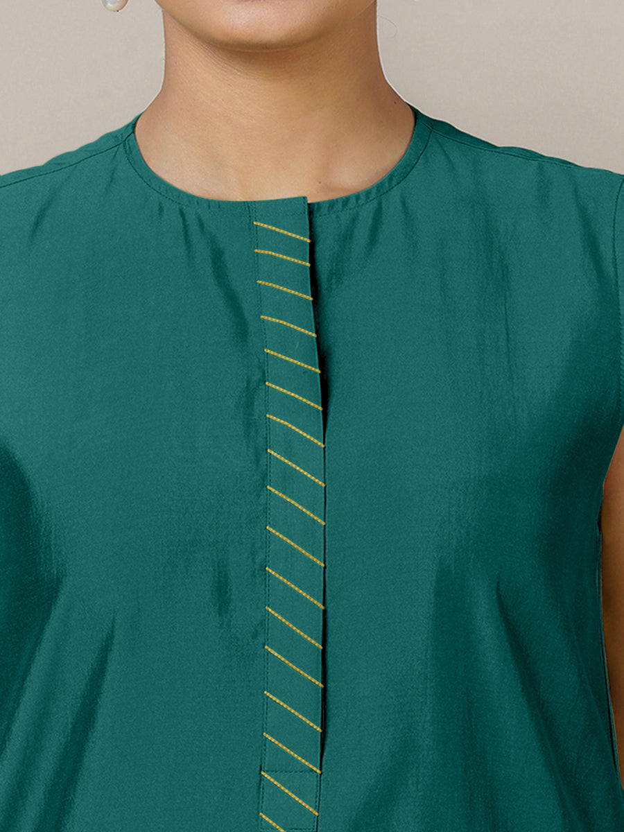 Adah x Rozaana Kurta, in Green Viscose, featuring sleeveless and jewel neckline, made for daily & work (view 3).