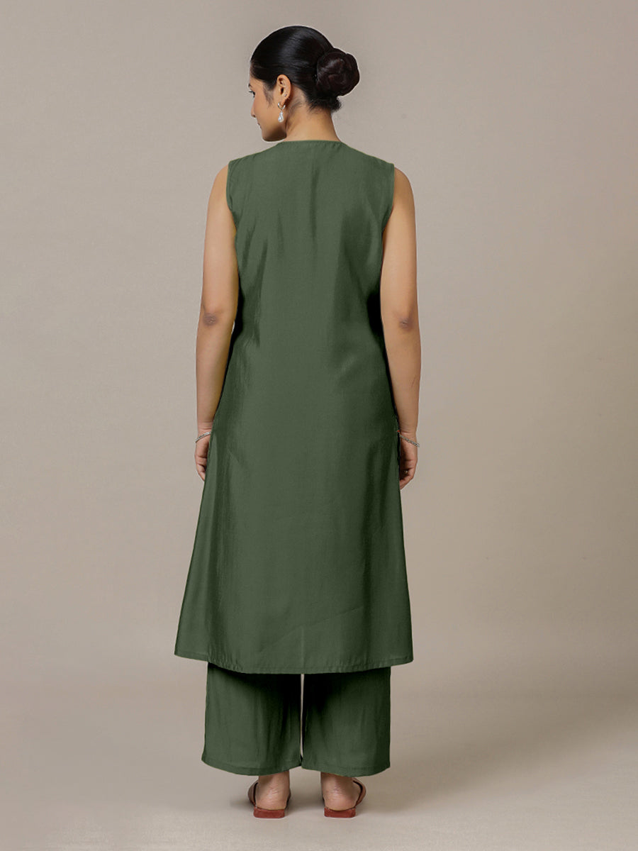 Adah x Rozaana Kurta, in Green Viscose, featuring sleeveless and jewel neckline, made for daily & work (view 2).