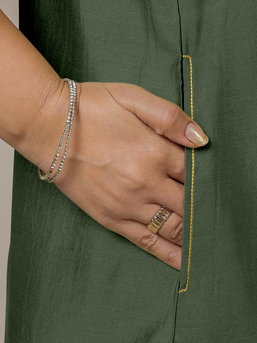 Adah x Rozaana Kurta, in Green Viscose, featuring sleeveless and jewel neckline, made for daily & work (view 5).