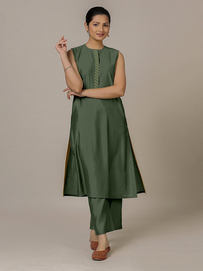 Adah x Rozaana | A Line Kurta in Pine Green with Thread Work | Coords or Only Kurta-Binks