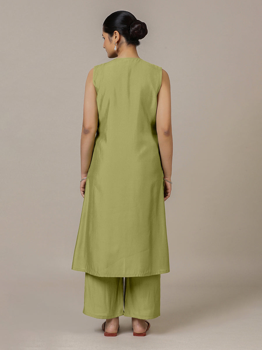Adah x Rozaana Kurta, in Green Viscose, featuring sleeveless and jewel neckline, made for daily & work (view 2).