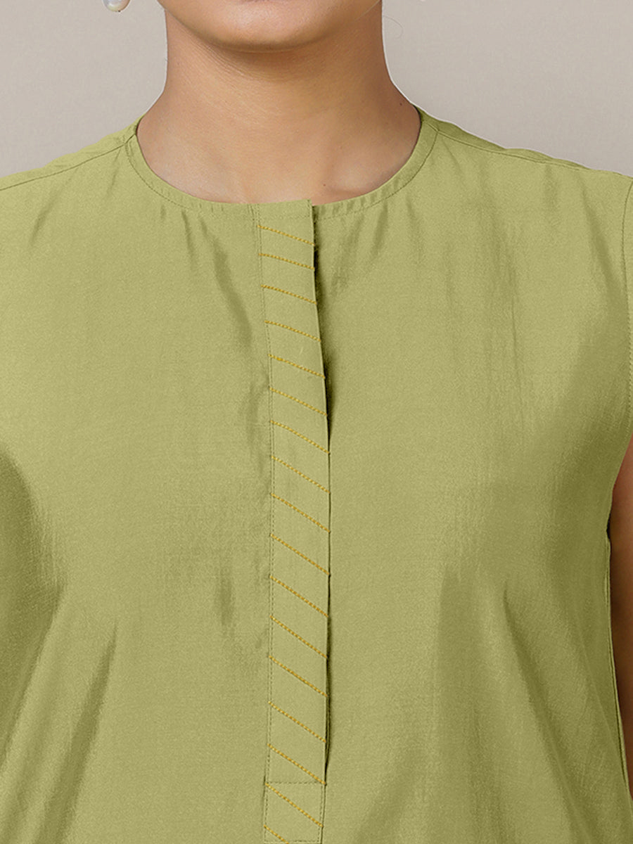 Adah x Rozaana Kurta, in Green Viscose, featuring sleeveless and jewel neckline, made for daily & work (view 3).