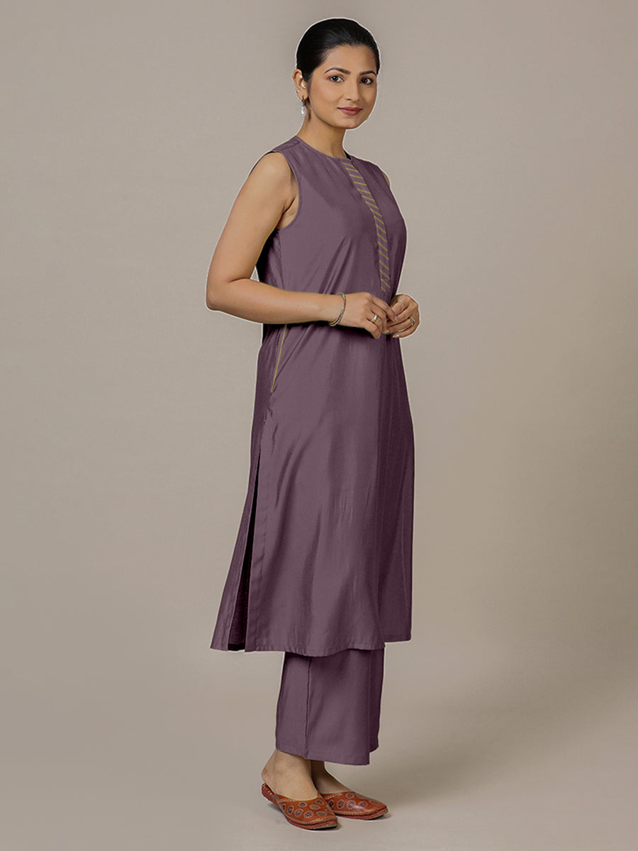 Adah x Rozaana Kurta, in Purple Viscose, featuring sleeveless and jewel neckline, made for daily & work.