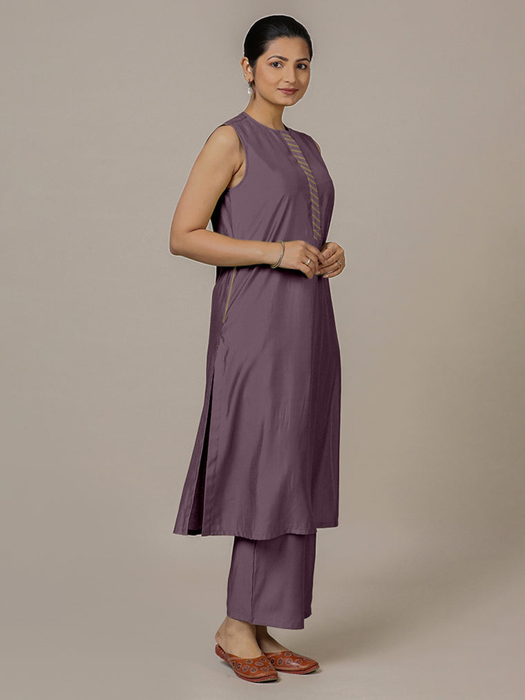 Adah x Rozaana Kurta, in Purple Viscose, featuring sleeveless and jewel neckline, made for daily & work.