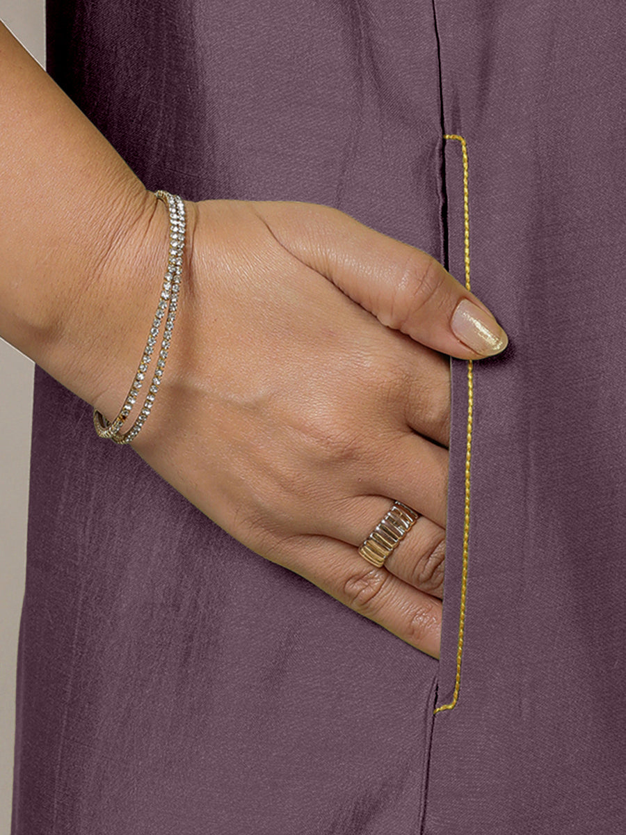 Adah x Rozaana Kurta, in Purple Viscose, featuring sleeveless and jewel neckline, made for daily & work (view 5).