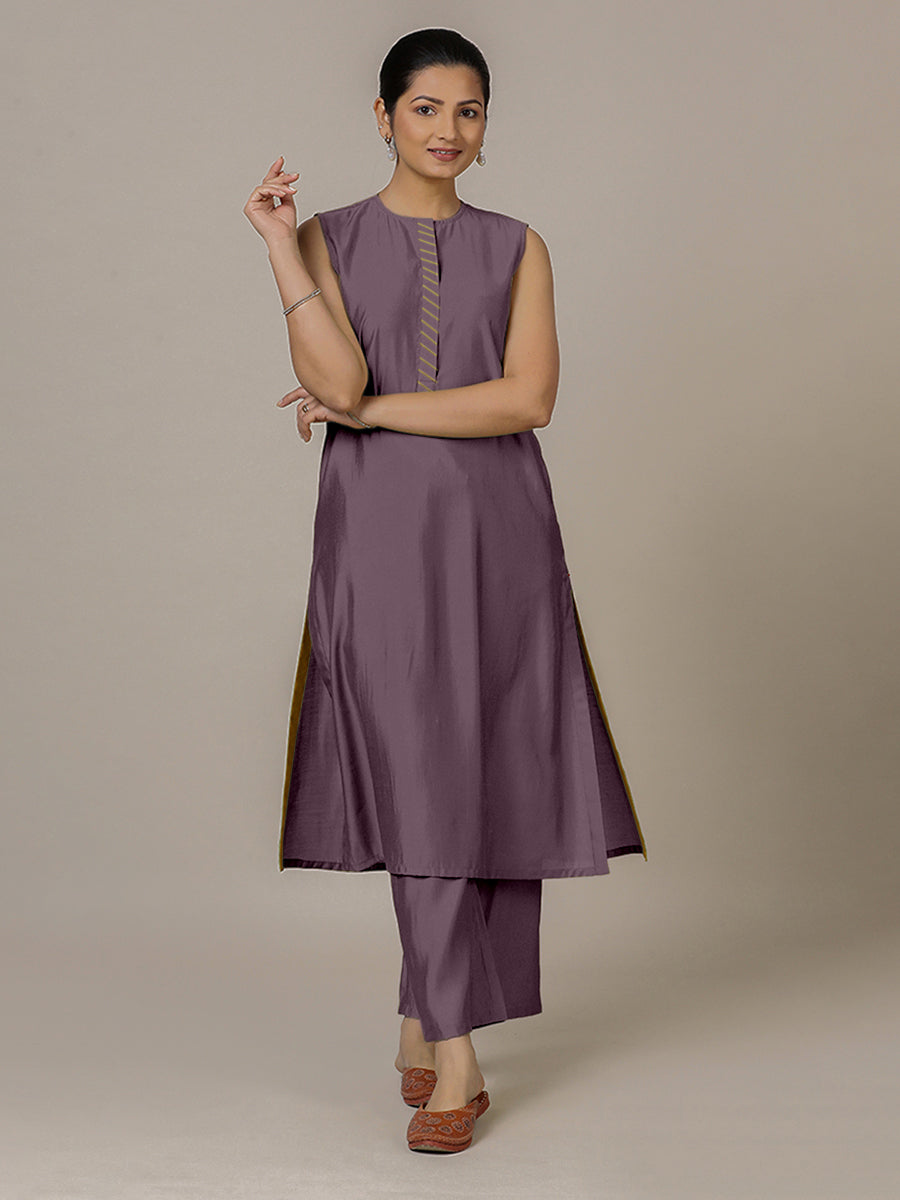 Adah x Rozaana Kurta, in Purple Viscose, featuring sleeveless and jewel neckline, made for daily & work (view 7).