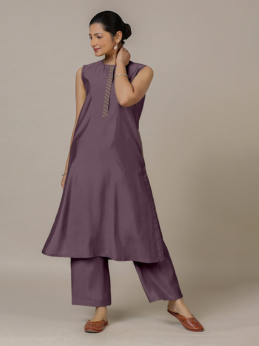 Adah x Rozaana Kurta, in Purple Viscose, featuring sleeveless and jewel neckline, made for daily & work (view 8).