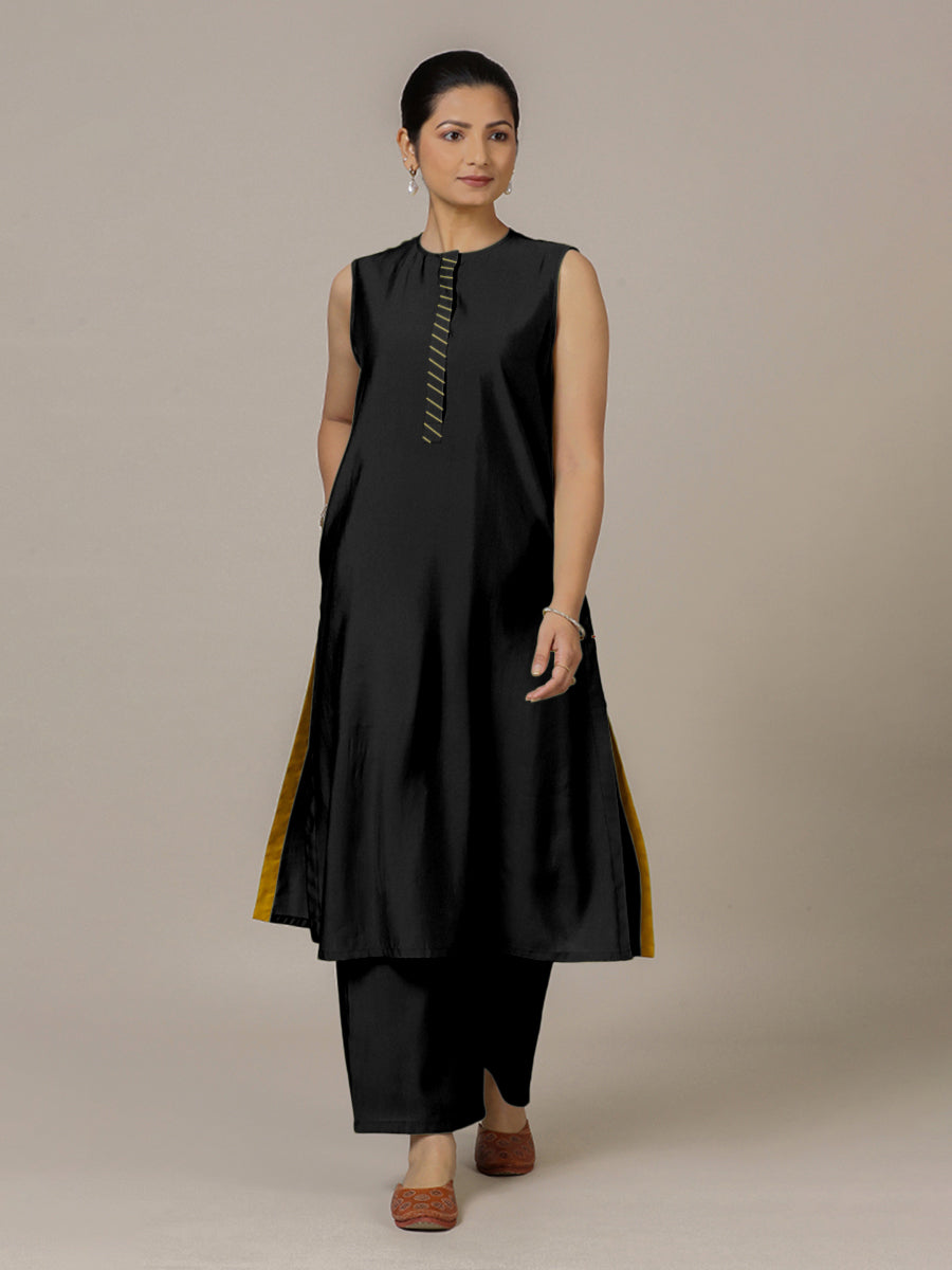 Adah x Rozaana Kurta, in Black Viscose, featuring sleeveless and jewel neckline, made for daily & work (view 6).