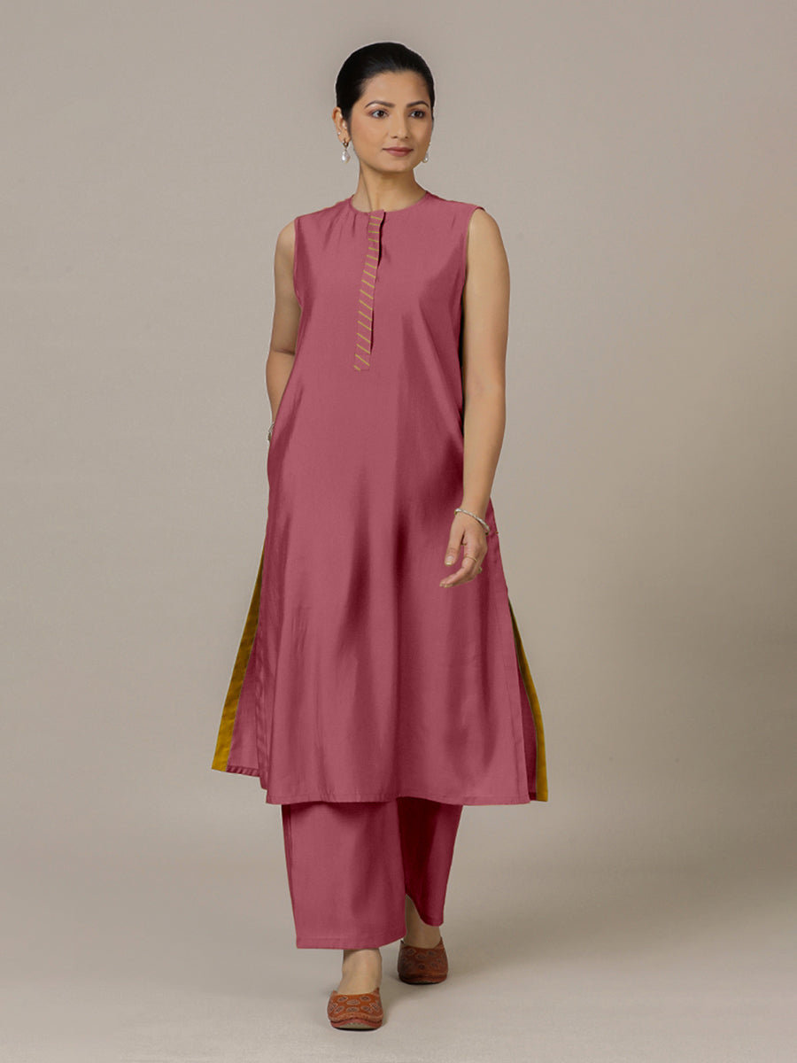 Adah x Rozaana Kurta, in Pink Viscose, featuring sleeveless and jewel neckline, made for daily & work.