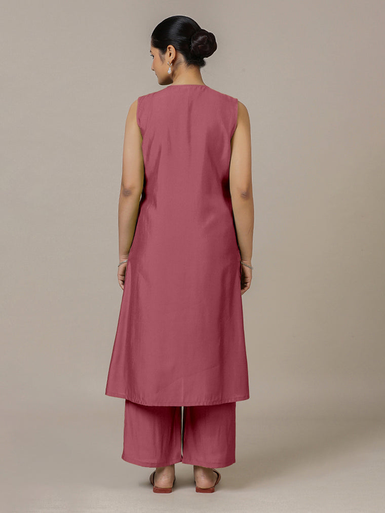 Adah x Rozaana Kurta, in Pink Viscose, featuring sleeveless and jewel neckline, made for daily & work (view 2).