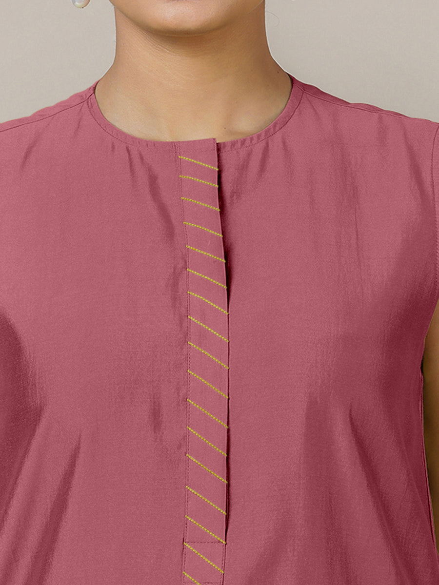 Adah x Rozaana Kurta, in Pink Viscose, featuring sleeveless and jewel neckline, made for daily & work (view 3).