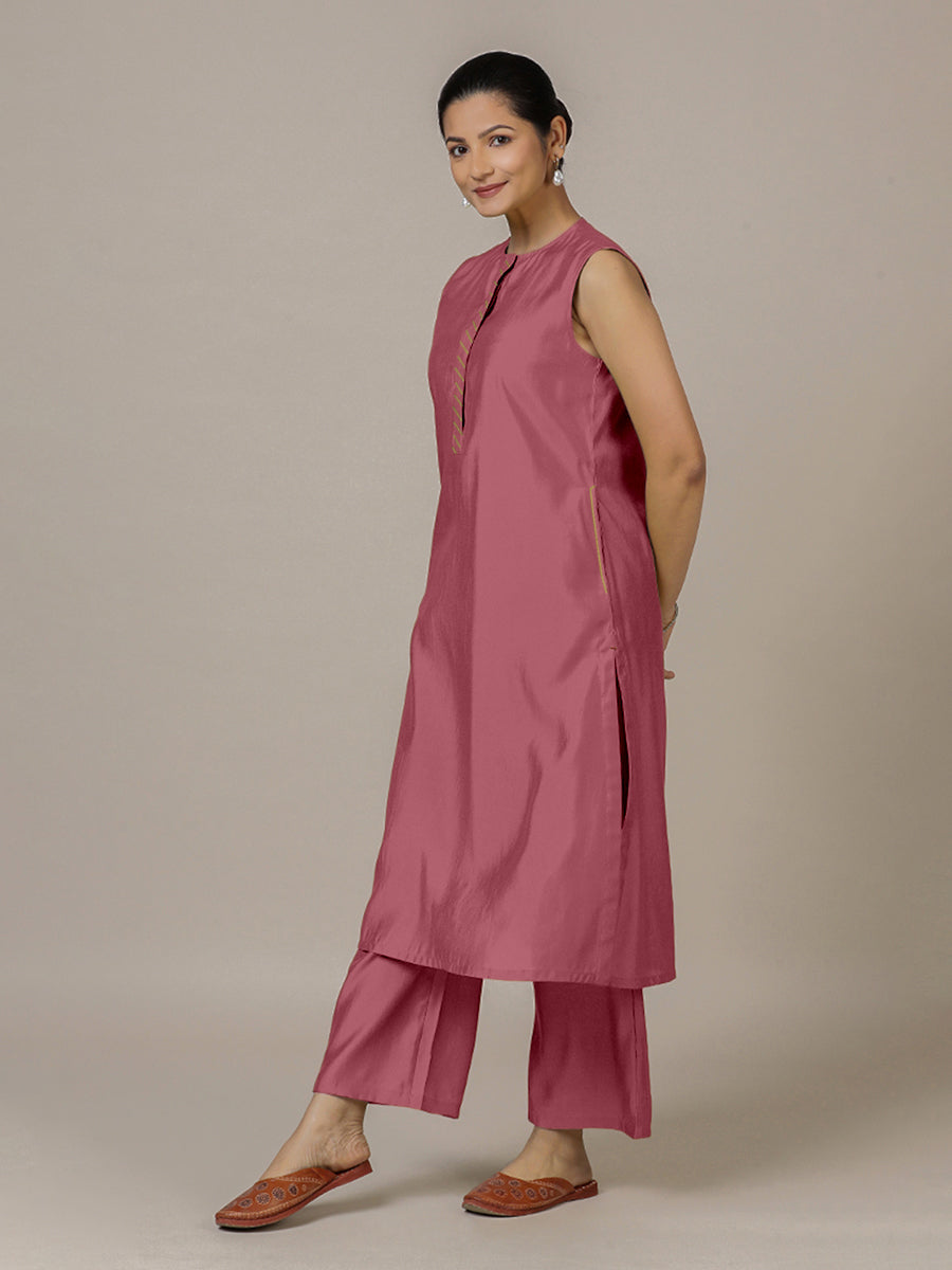 Adah x Rozaana Kurta, in Pink Viscose, featuring sleeveless and jewel neckline, made for daily & work (view 8).