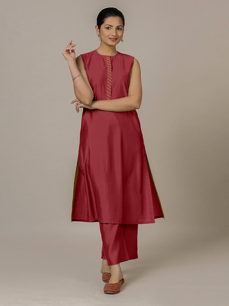 Adah x Rozaana Kurta, in Red Viscose, featuring sleeveless and jewel neckline, made for daily & work.