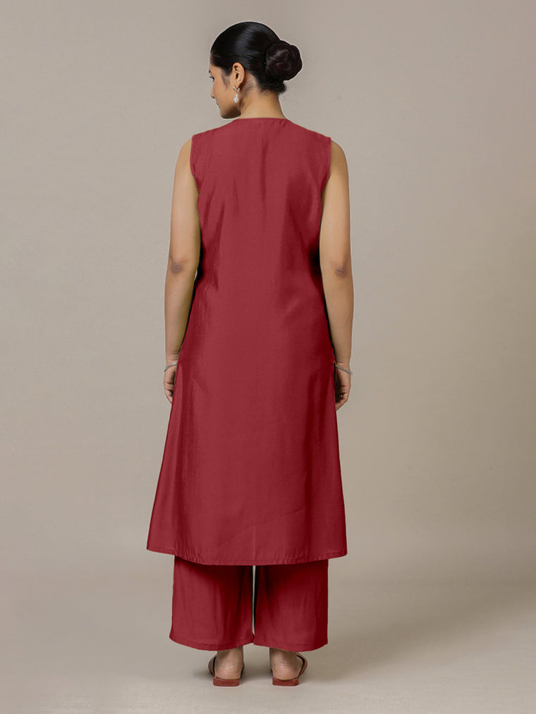 Adah x Rozaana Kurta, in Red Viscose, featuring sleeveless and jewel neckline, made for daily & work (view 2).