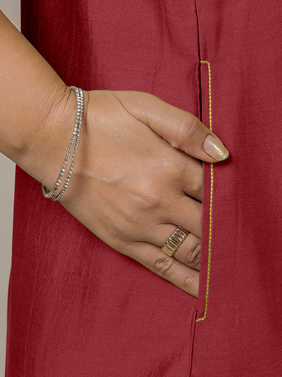 Adah x Rozaana Kurta, in Red Viscose, featuring sleeveless and jewel neckline, made for daily & work (view 5).