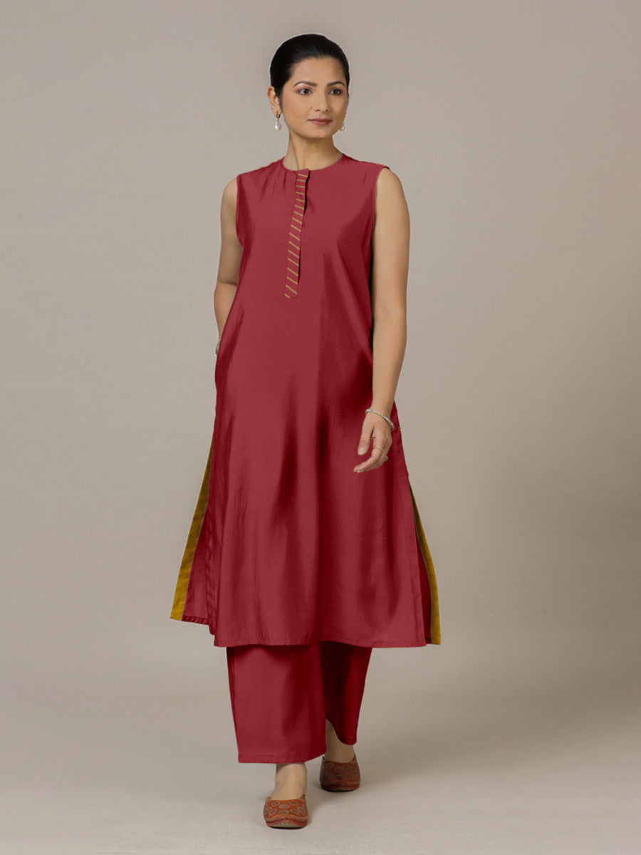Adah x Rozaana Kurta, in Red Viscose, featuring sleeveless and jewel neckline, made for daily & work (view 6).