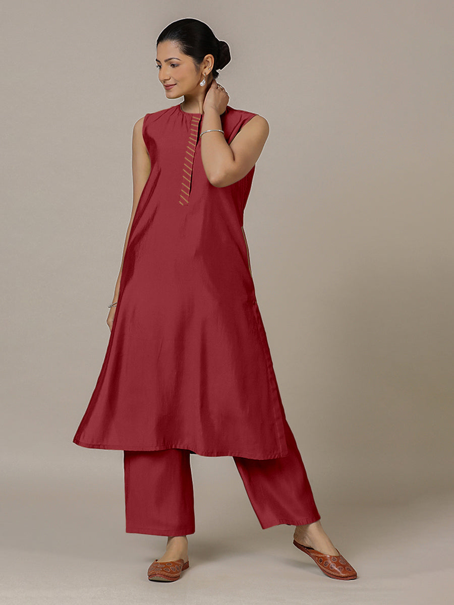 Adah x Rozaana Kurta, in Red Viscose, featuring sleeveless and jewel neckline, made for daily & work (view 7).