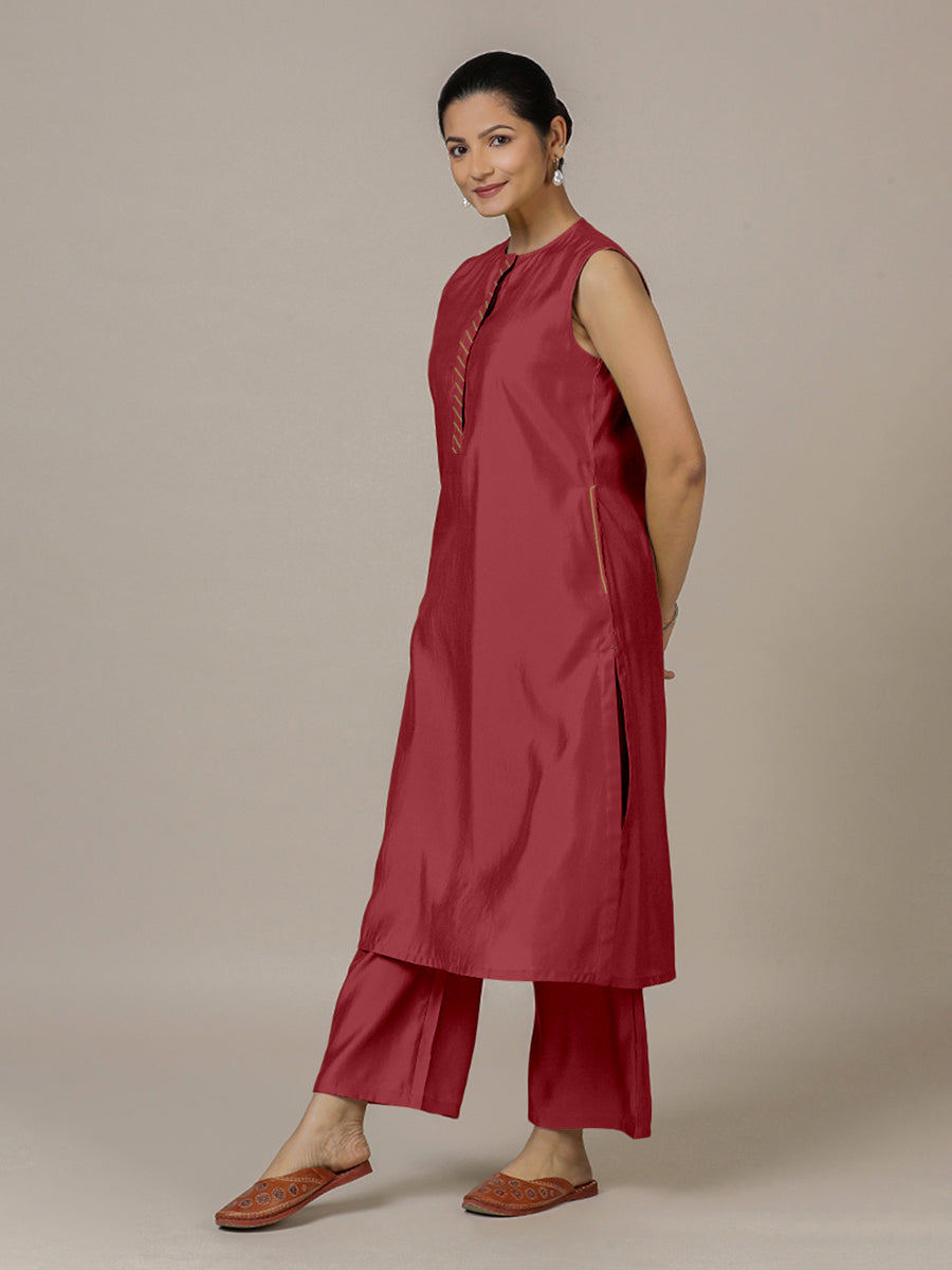 Adah x Rozaana Kurta, in Red Viscose, featuring sleeveless and jewel neckline, made for daily & work (view 8).