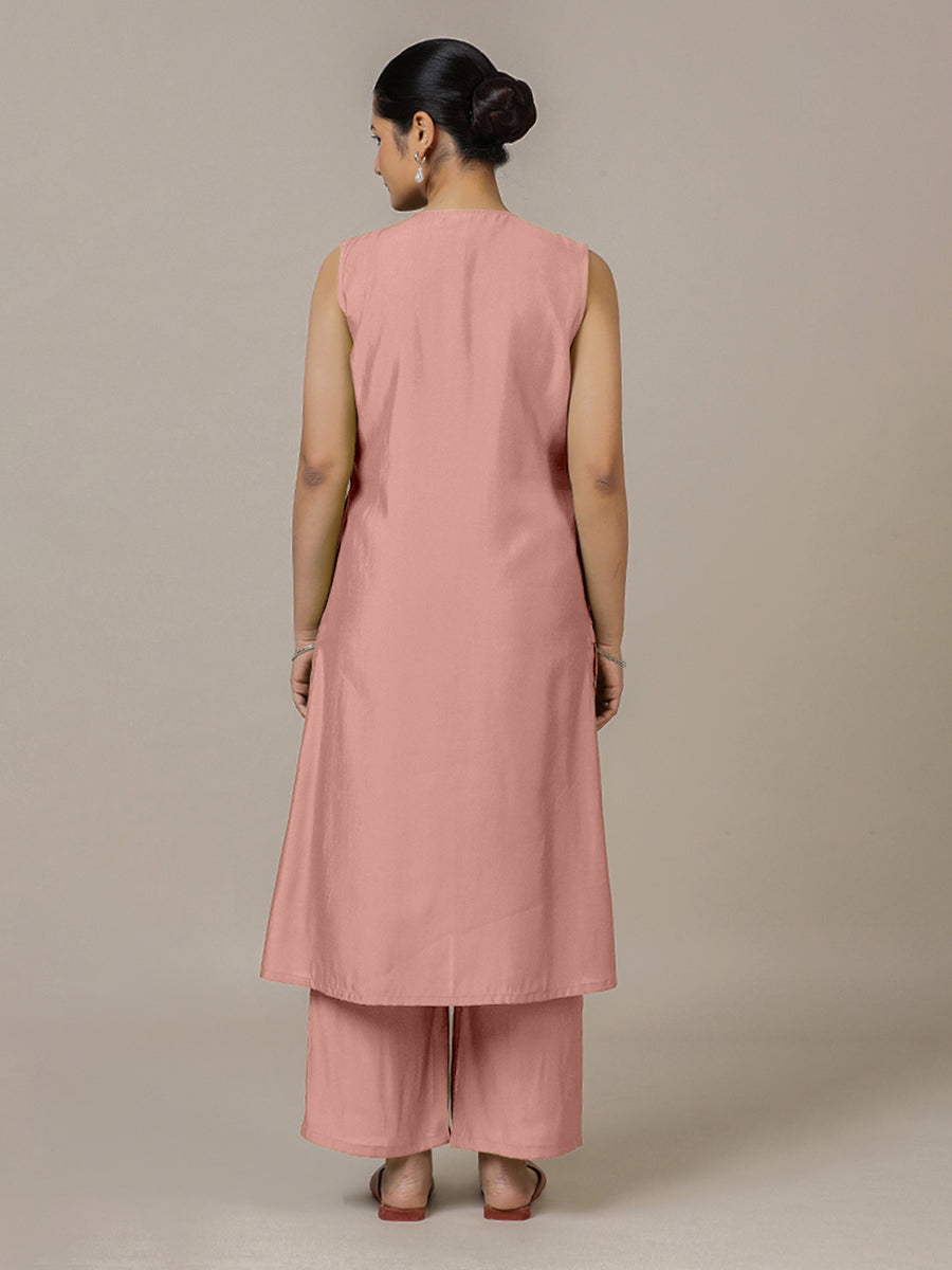 Adah x Rozaana Kurta, in Pink Viscose, featuring sleeveless and jewel neckline, made for daily & work (view 2).