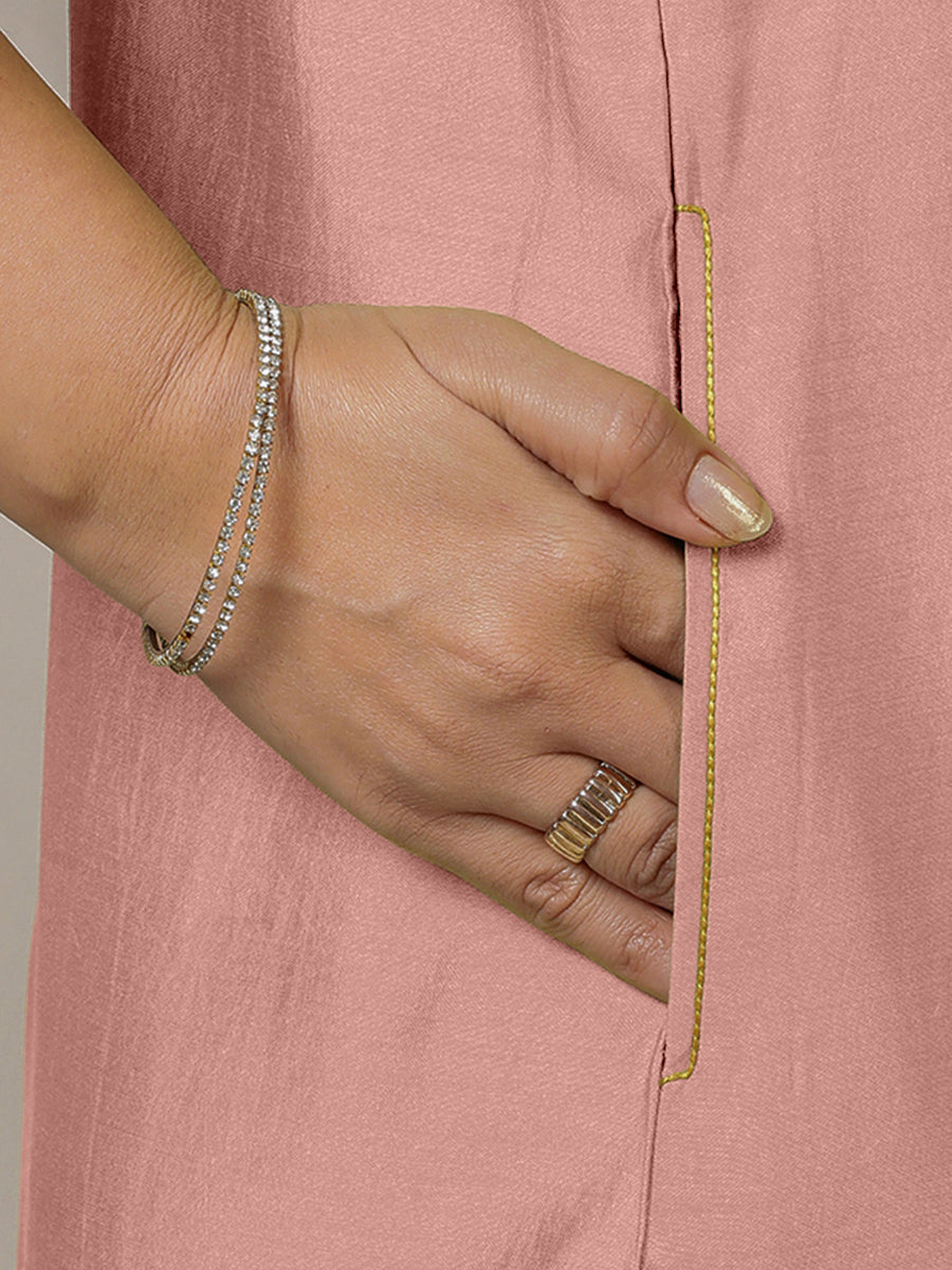Adah x Rozaana Kurta, in Pink Viscose, featuring sleeveless and jewel neckline, made for daily & work (view 5).