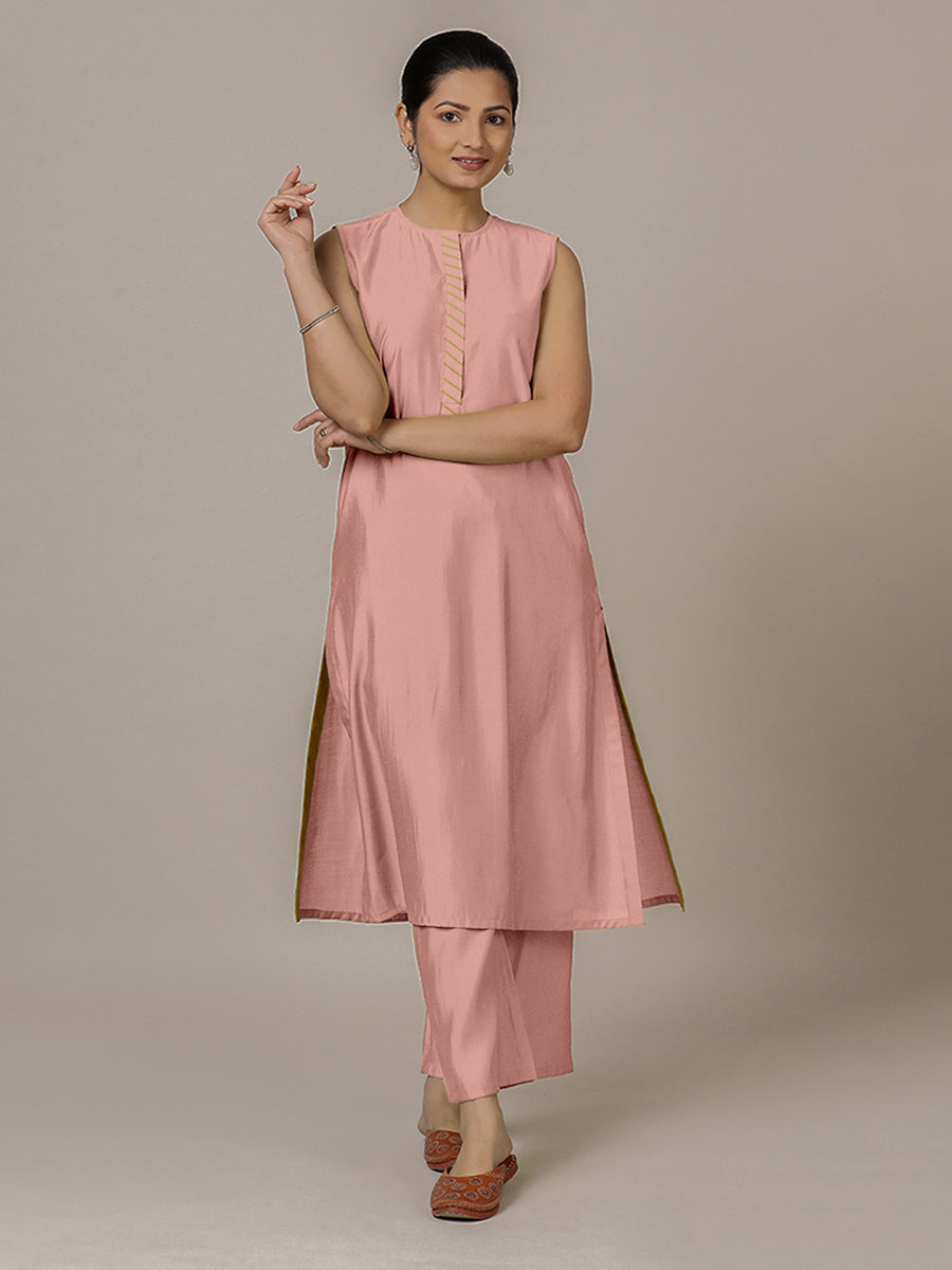 Adah x Rozaana Kurta, in Pink Viscose, featuring sleeveless and jewel neckline, made for daily & work (view 7).