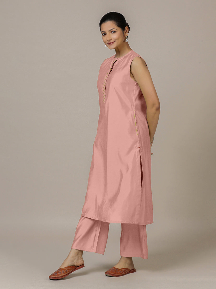 Adah x Rozaana Kurta, in Pink Viscose, featuring sleeveless and jewel neckline, made for daily & work (view 8).
