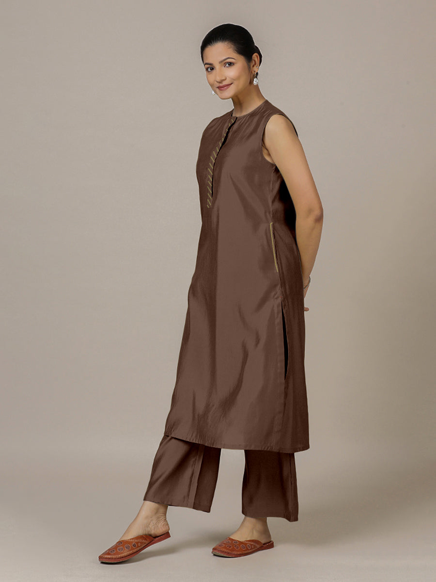 Adah x Rozaana Kurta, in Brown Viscose, featuring sleeveless and jewel neckline, made for daily & work.
