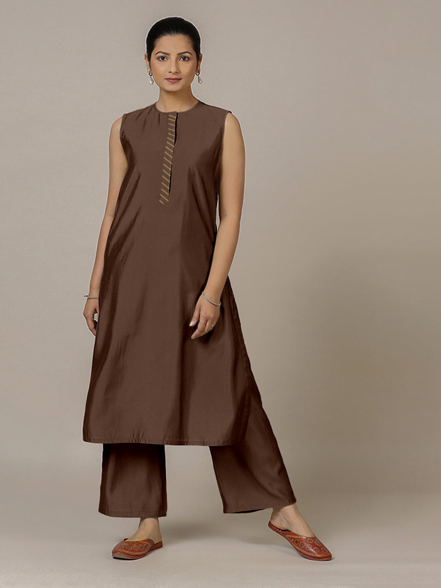 Adah x Rozaana Kurta, in Brown Viscose, featuring sleeveless and jewel neckline, made for daily & work (view 2).