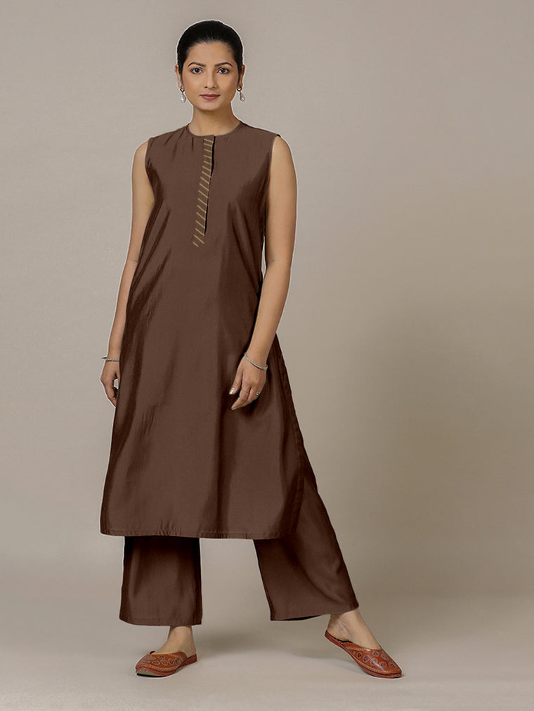 Adah x Rozaana Kurta, in Brown Viscose, featuring sleeveless and jewel neckline, made for daily & work (view 2).