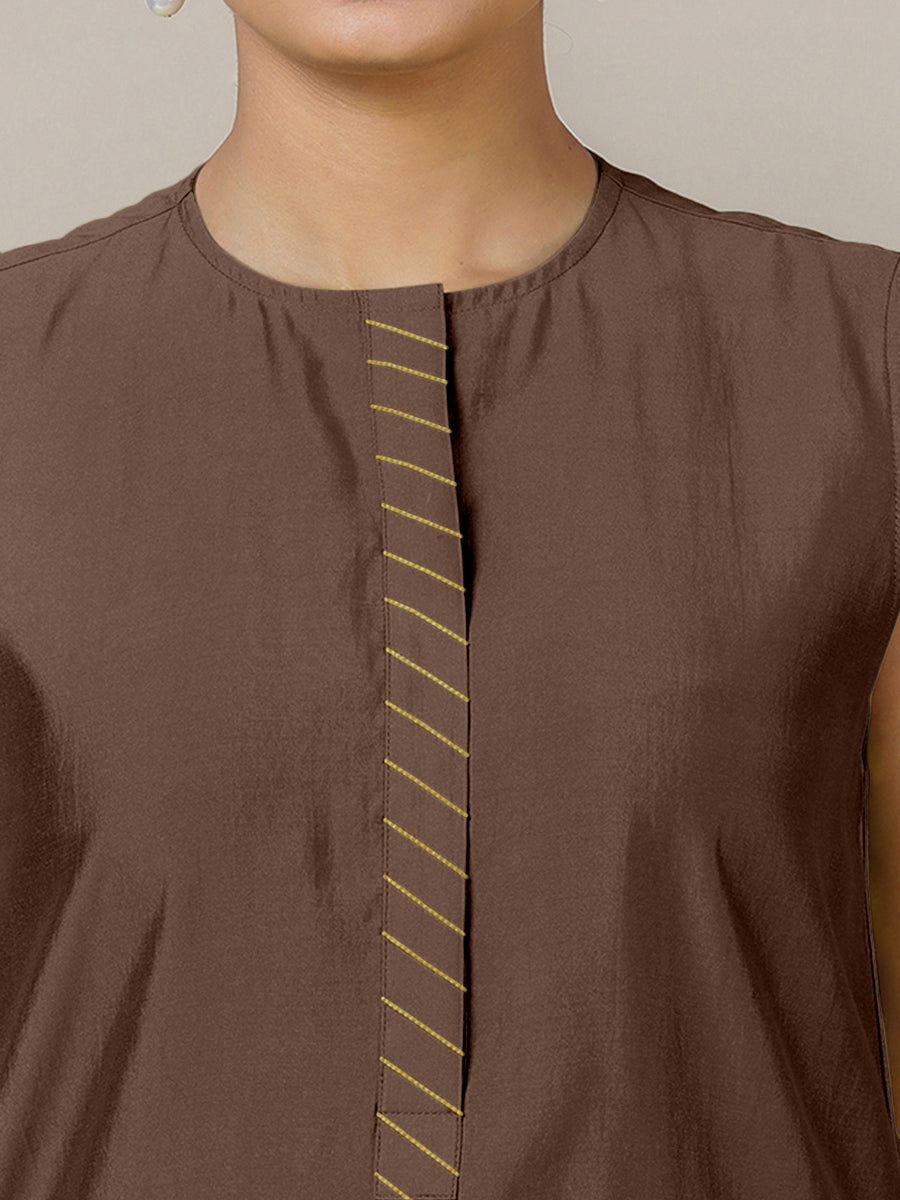 Adah x Rozaana Kurta, in Brown Viscose, featuring sleeveless and jewel neckline, made for daily & work (view 4).