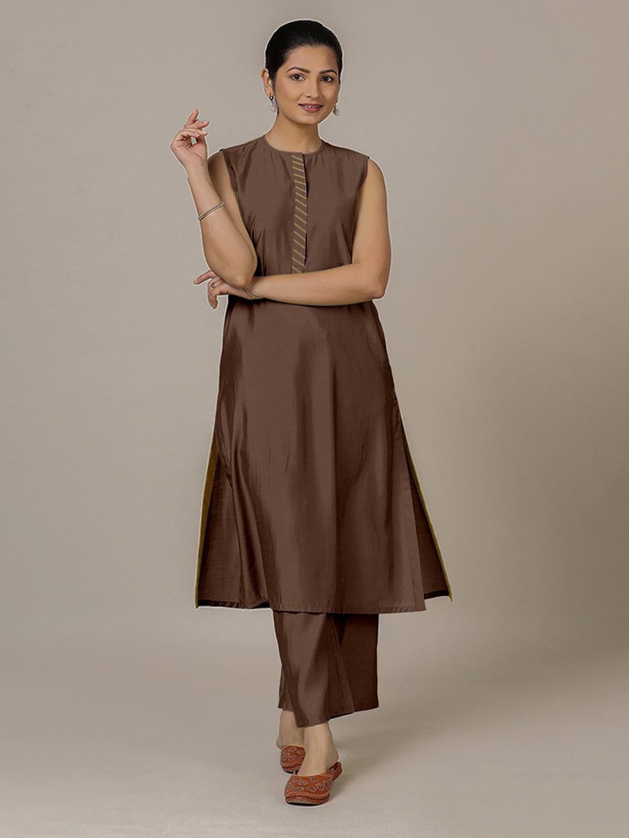 Adah x Rozaana Kurta, in Brown Viscose, featuring sleeveless and jewel neckline, made for daily & work (view 8).