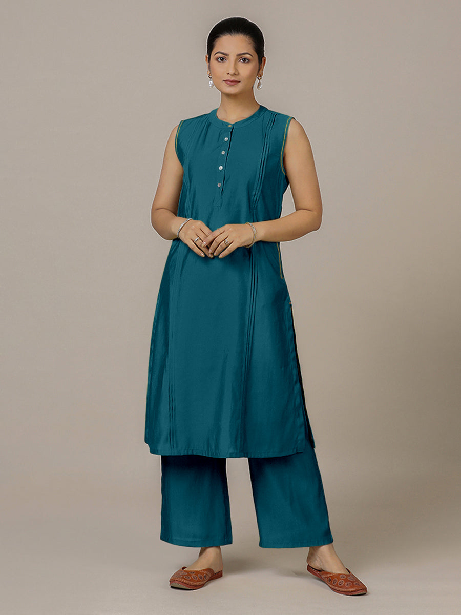 Alina x Rozaana Kurta, in Blue Viscose, featuring sleeveless and flat collar neckline, made for daily & work.