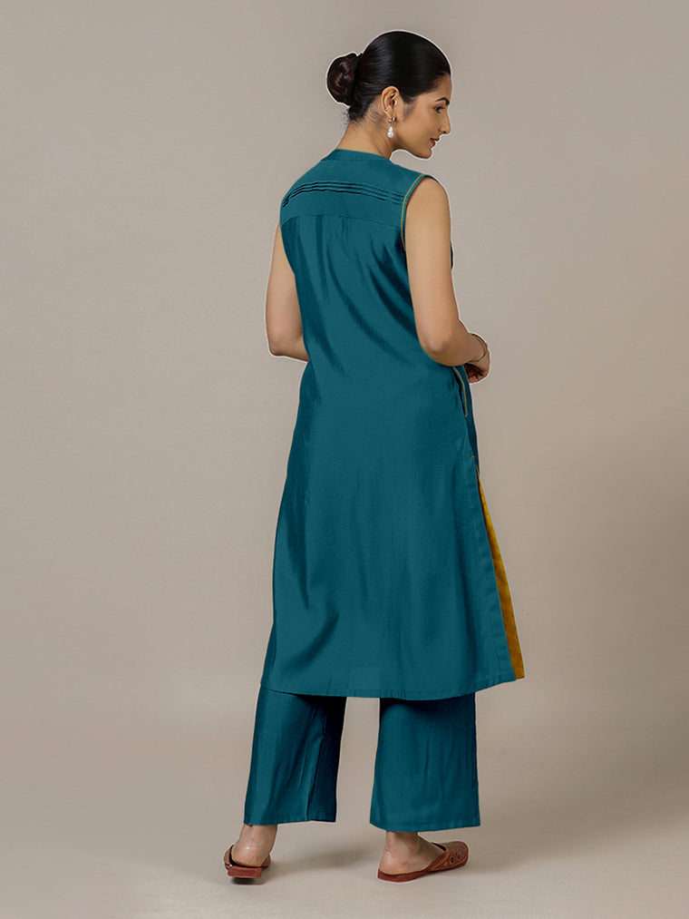Alina x Rozaana Kurta, in Blue Viscose, featuring sleeveless and flat collar neckline, made for daily & work (view 2).