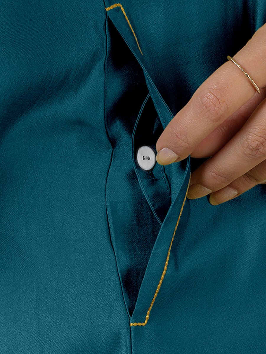 Alina x Rozaana Kurta, in Blue Viscose, featuring sleeveless and flat collar neckline, made for daily & work (view 5).