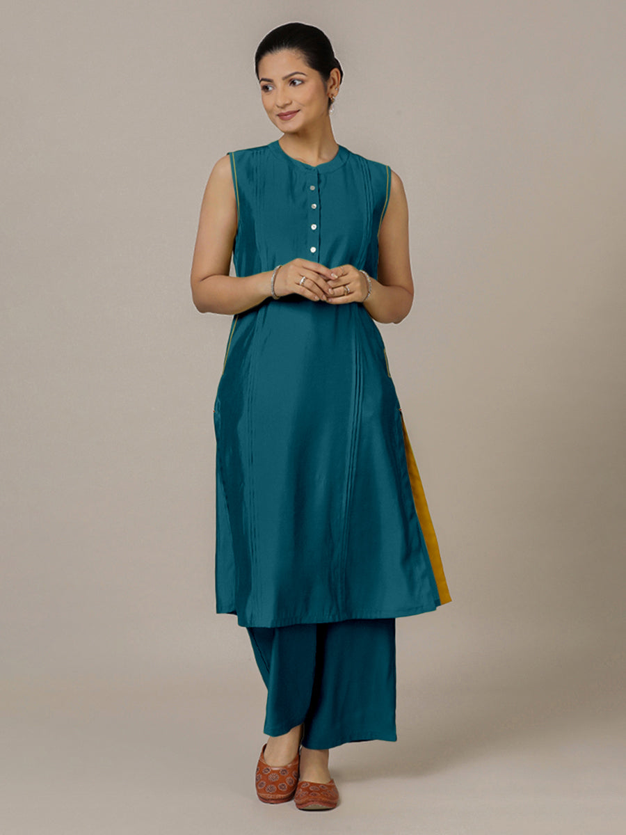 Alina x Rozaana Kurta, in Blue Viscose, featuring sleeveless and flat collar neckline, made for daily & work (view 7).