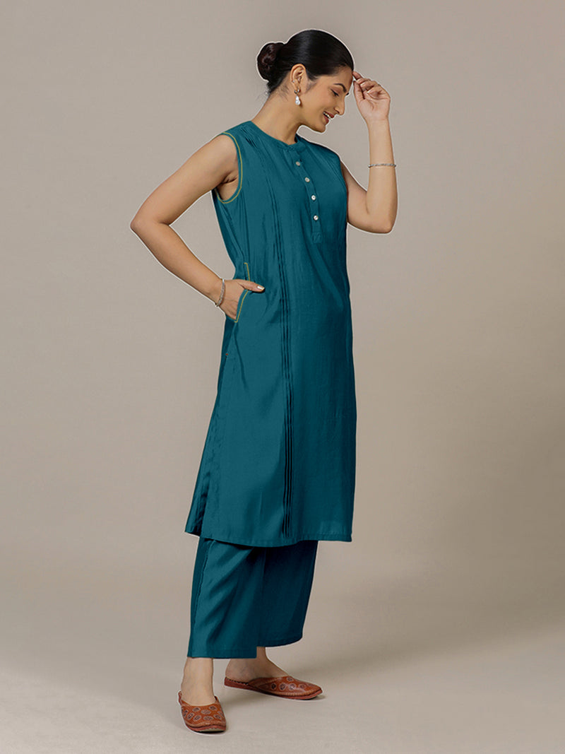 Alina x Rozaana | A Line Kurta in Crystal Teal with Thread Work | Coords or Only Kurta-Binks