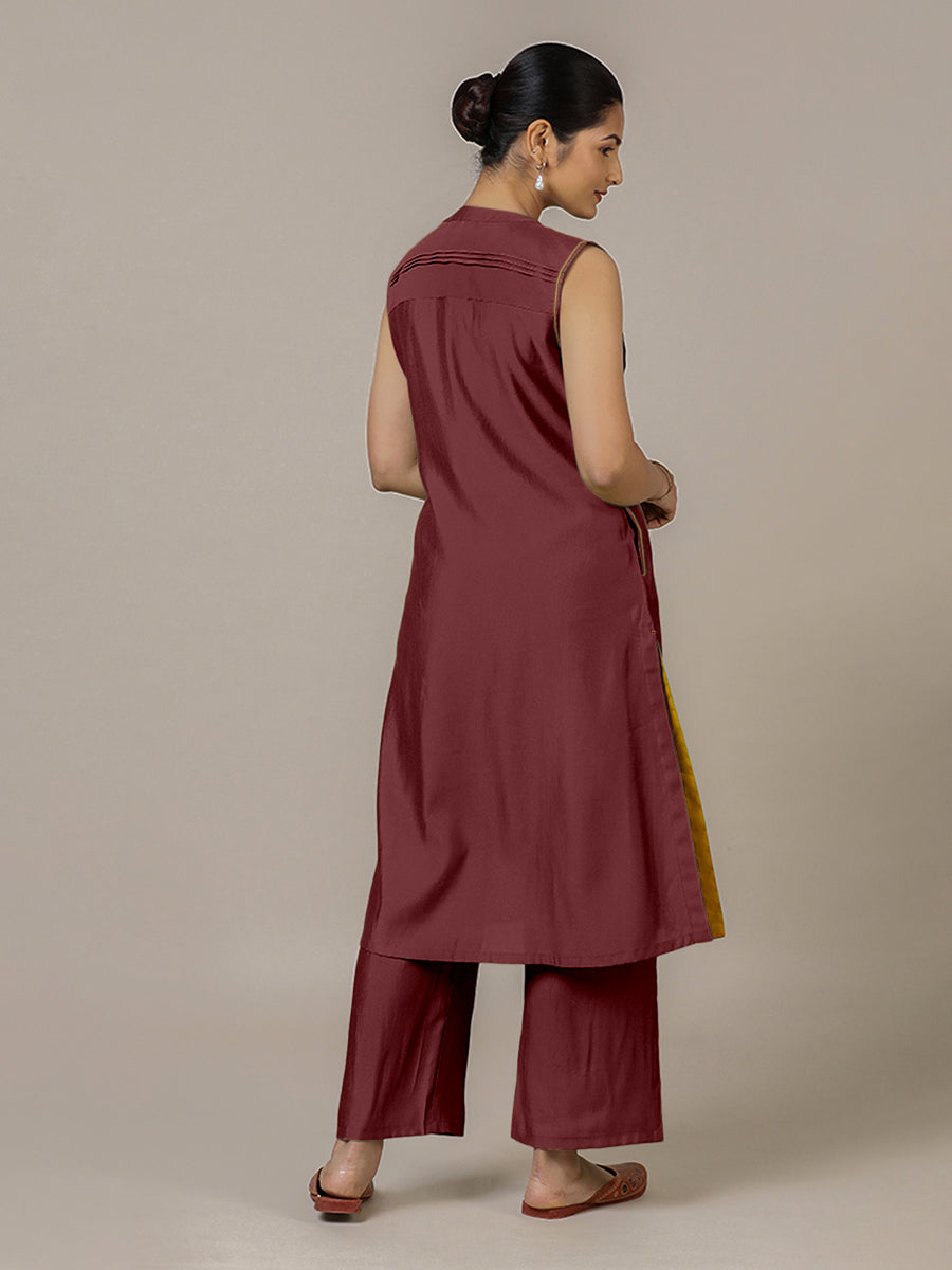 Alina x Rozaana Kurta, in Maroon Viscose, featuring sleeveless and flat collar neckline, made for daily & work (view 2).