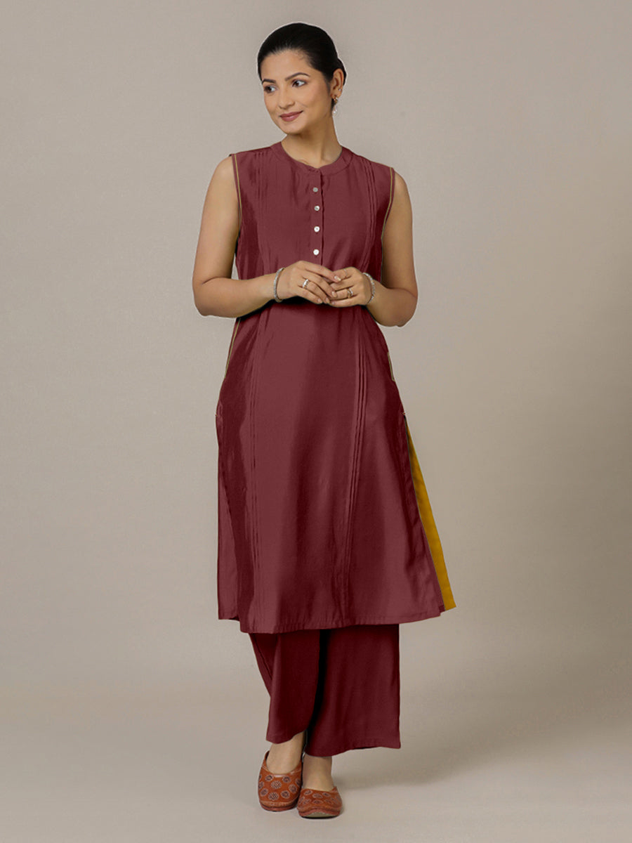 Alina x Rozaana Kurta, in Maroon Viscose, featuring sleeveless and flat collar neckline, made for daily & work (view 6).