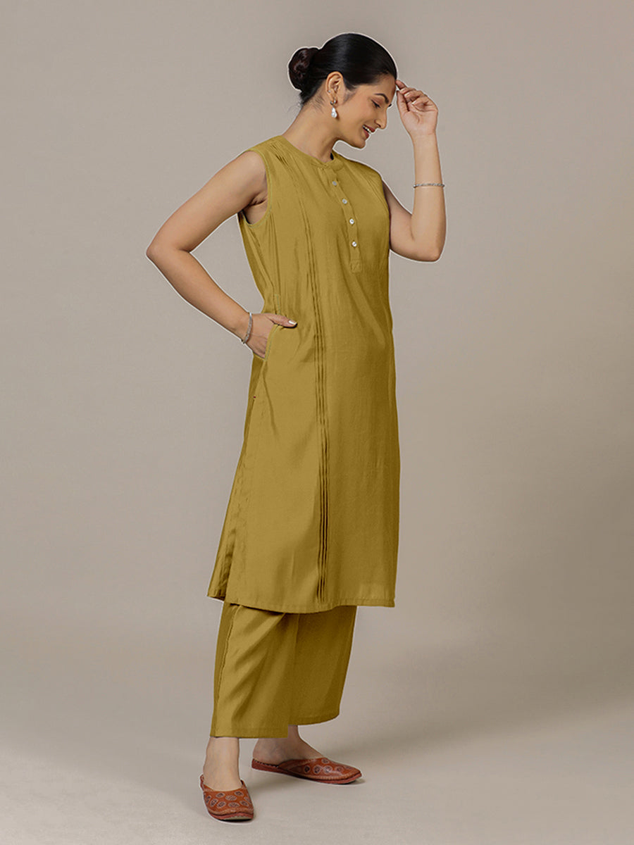 Alina x Rozaana Kurta, in Yellow Viscose, featuring sleeveless and flat collar neckline, made for daily & work.