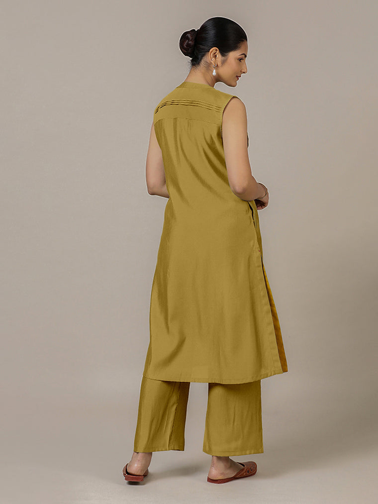 Alina x Rozaana Kurta, in Yellow Viscose, featuring sleeveless and flat collar neckline, made for daily & work (view 2).