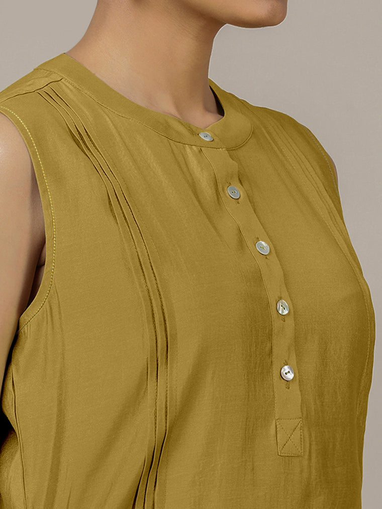 Alina x Rozaana Kurta, in Yellow Viscose, featuring sleeveless and flat collar neckline, made for daily & work (view 3).