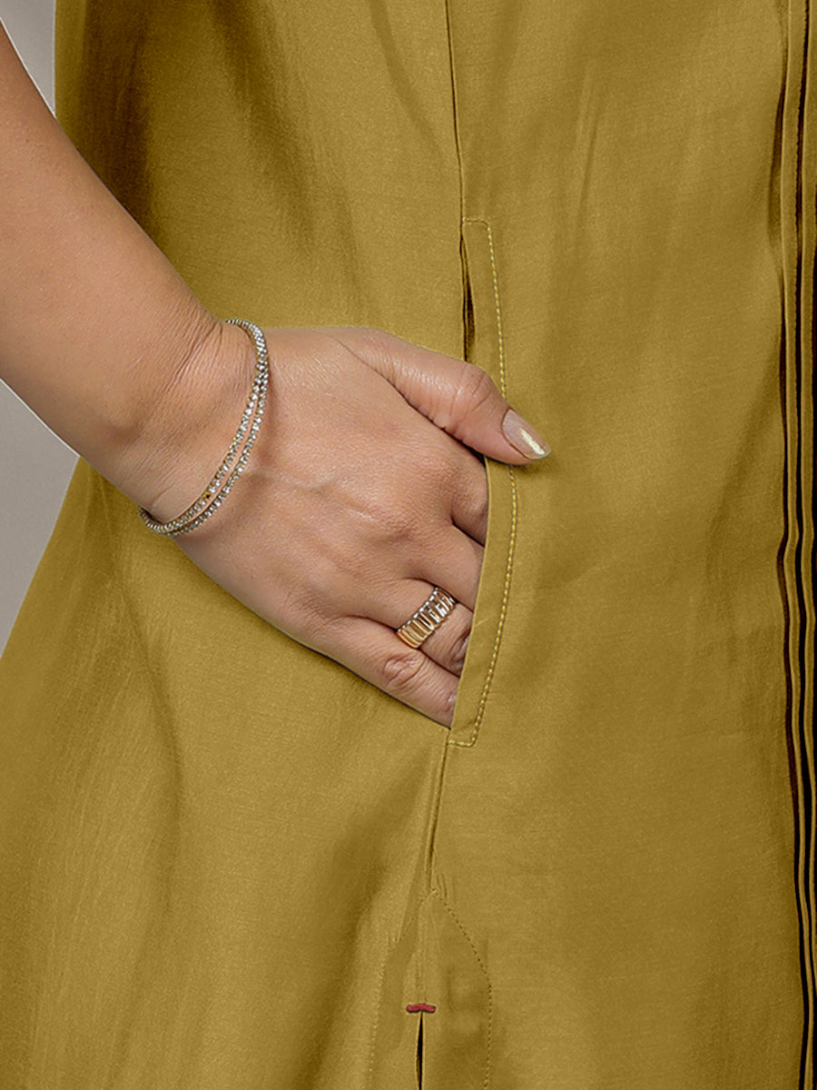 Alina x Rozaana Kurta, in Yellow Viscose, featuring sleeveless and flat collar neckline, made for daily & work (view 4).