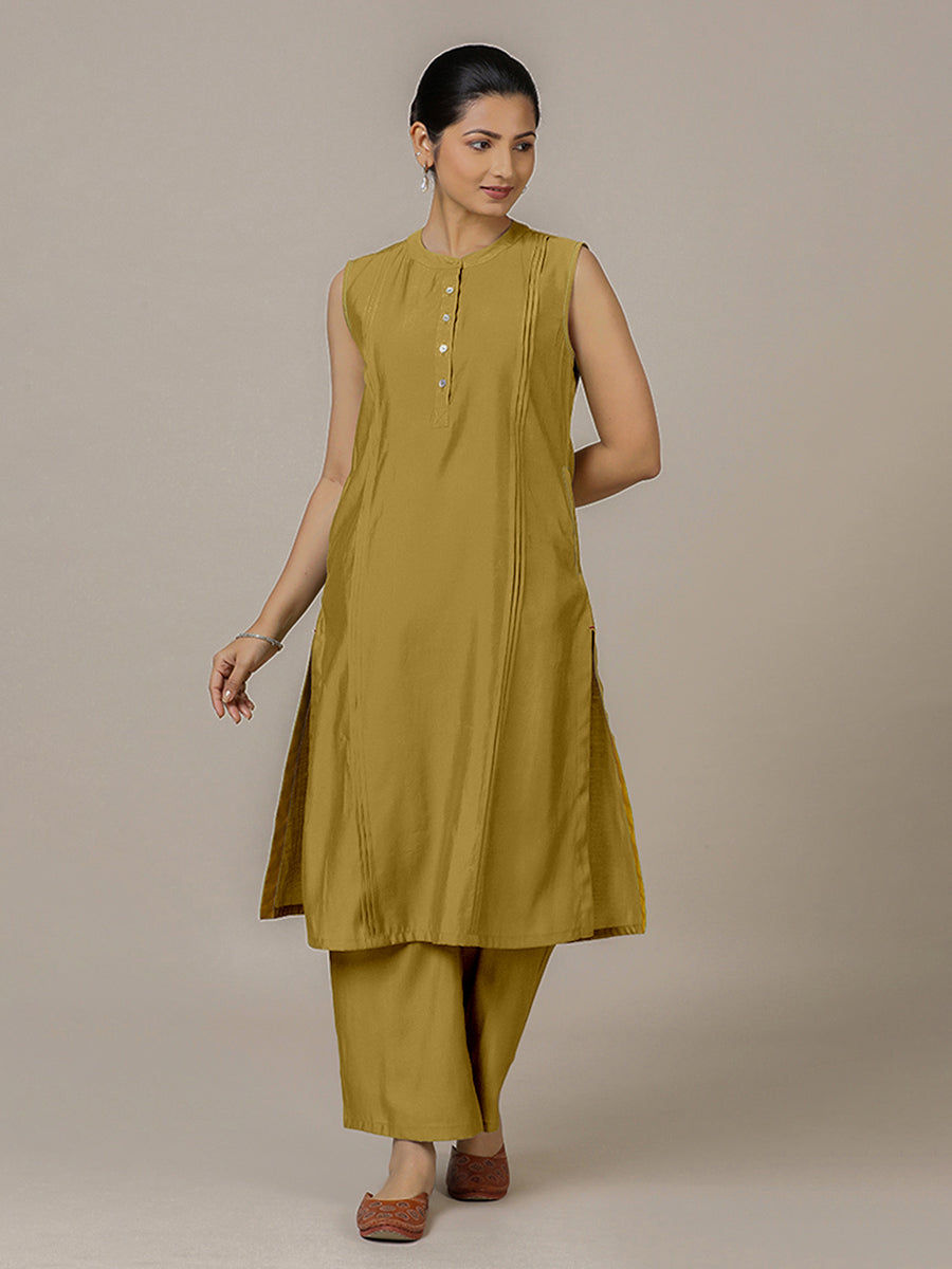 Alina x Rozaana Kurta, in Yellow Viscose, featuring sleeveless and flat collar neckline, made for daily & work (view 6).