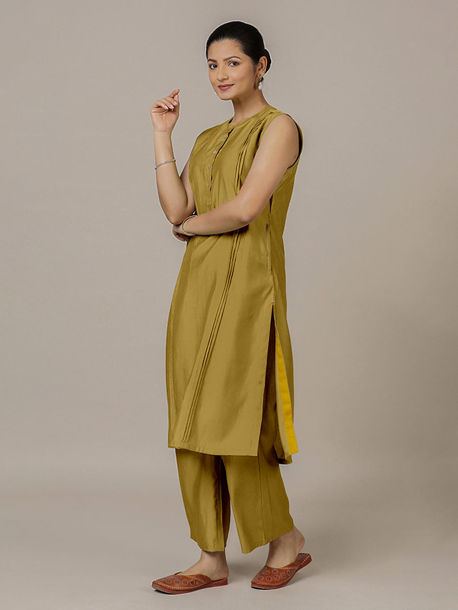 Alina x Rozaana Kurta, in Yellow Viscose, featuring sleeveless and flat collar neckline, made for daily & work (view 7).
