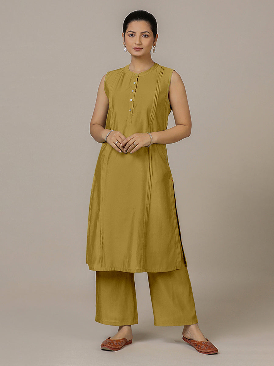 Alina x Rozaana Kurta, in Yellow Viscose, featuring sleeveless and flat collar neckline, made for daily & work (view 8).
