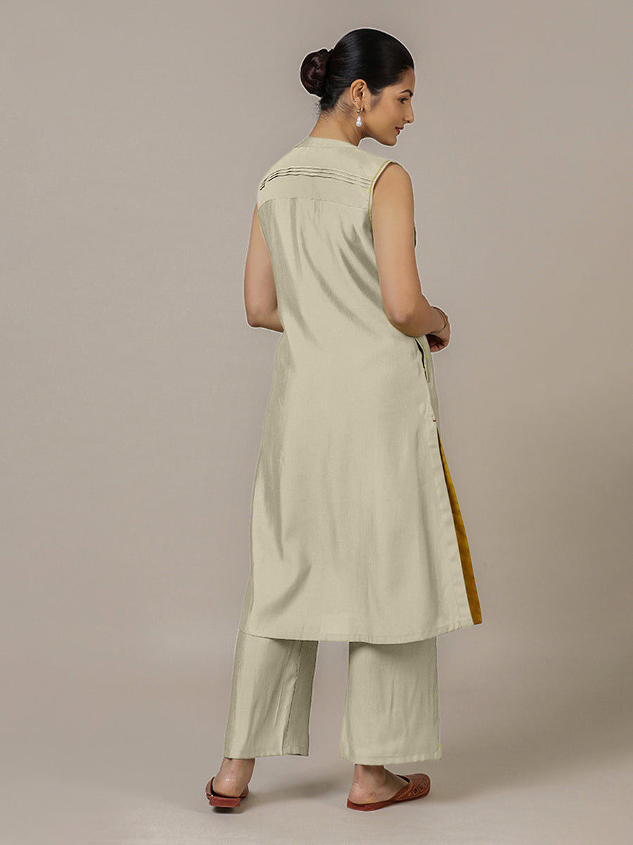 Alina x Rozaana Kurta, in Cream Viscose, featuring sleeveless and flat collar neckline, made for daily & work (view 2).